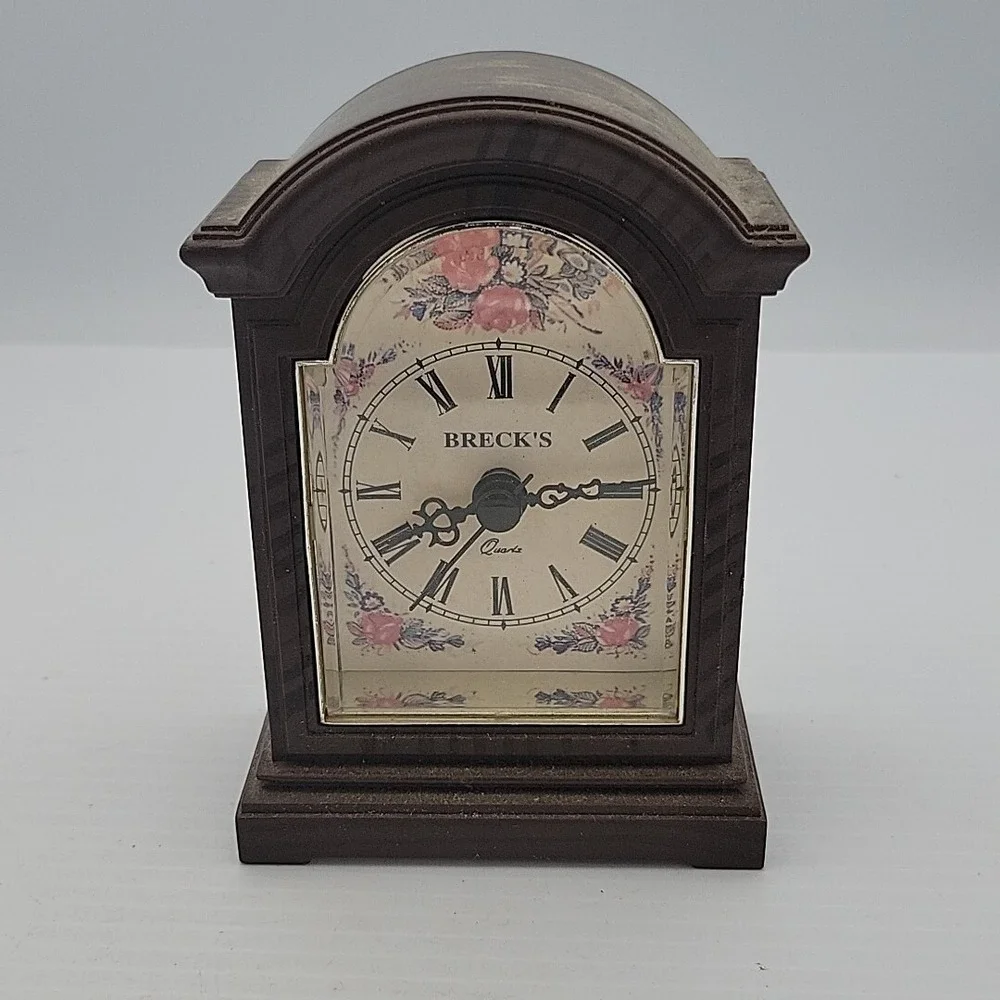 Vintage Brecks Brown Mantle Clock Floral Face Small Plastic Case Working Quartz